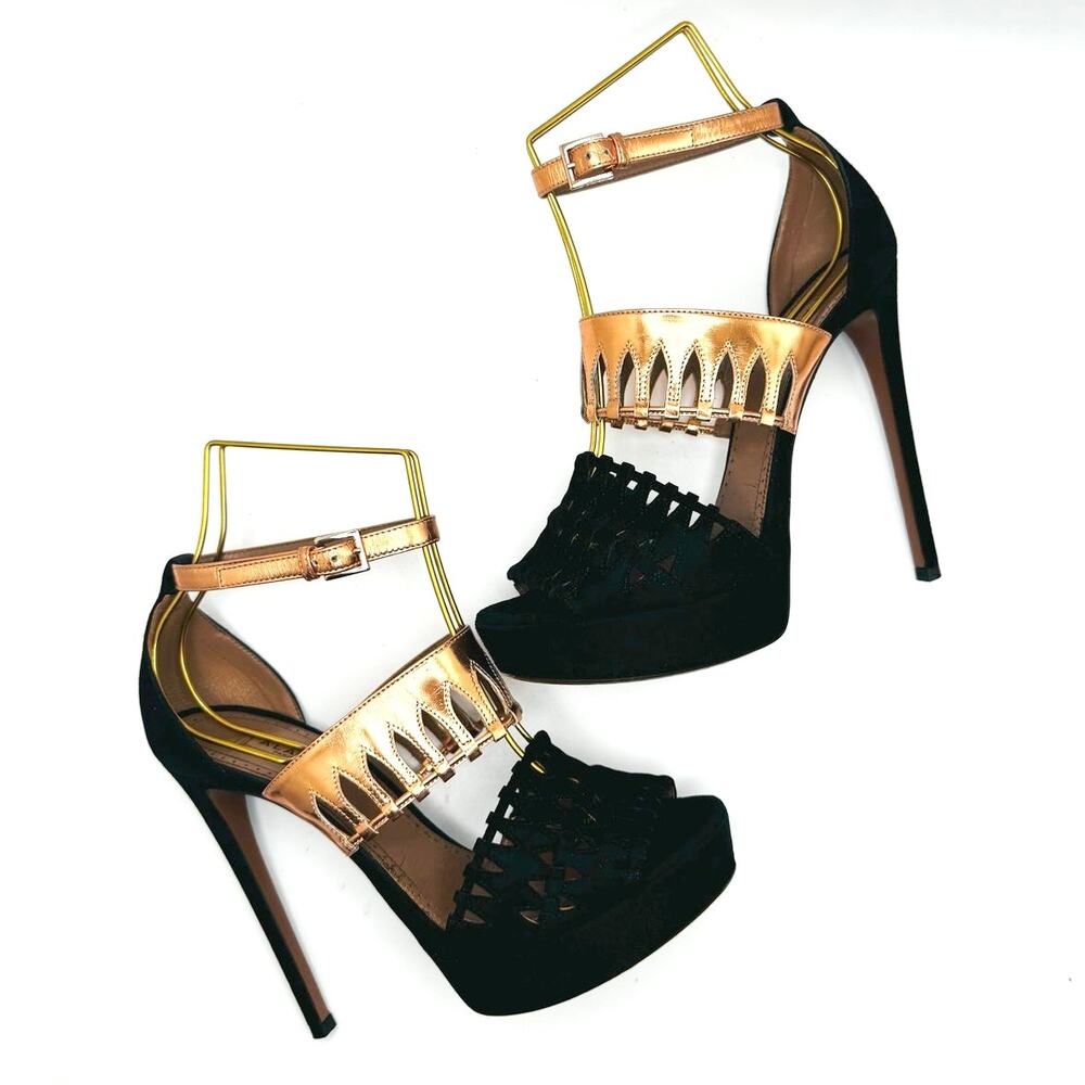 Alaïa Black Suede Rose Gold Colorblock Platform Sandals Heels Size EU 38.5